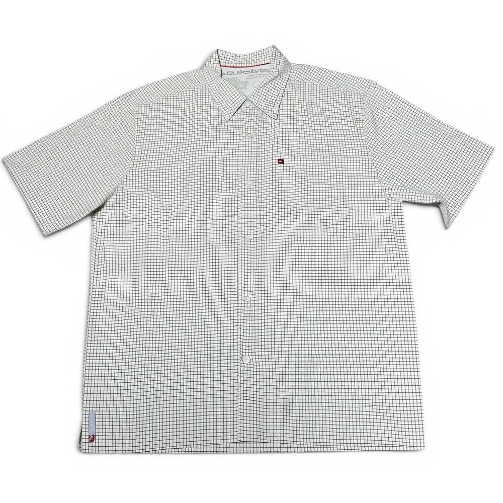 Quiksilver Men's Medium Tan Blue Green Windowpane‎ Short Sleeve Shirt